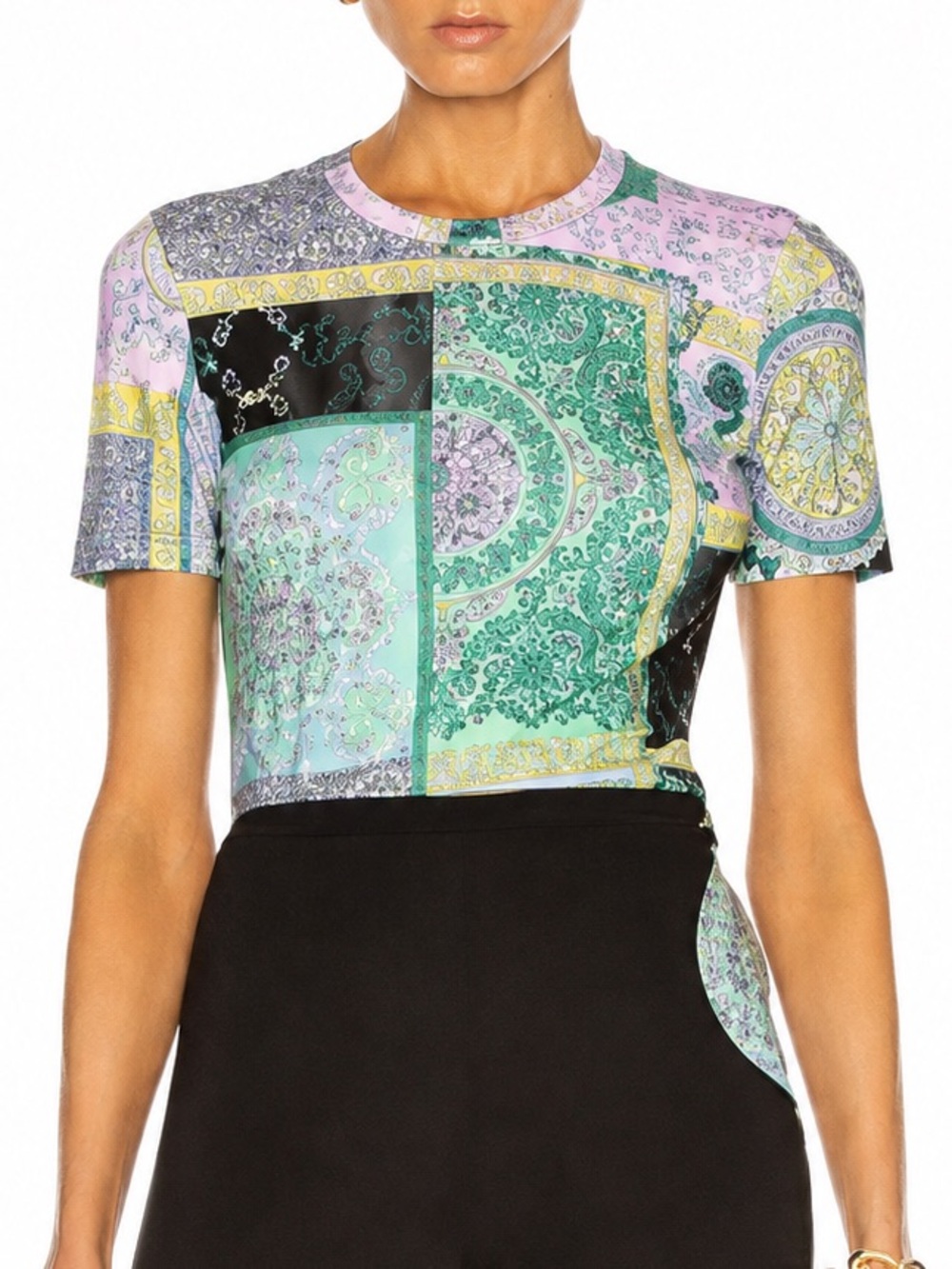 Versace Barocco Fitted T Shirt Size 38 Medusa Patchwork Print Y2K Made in Italy